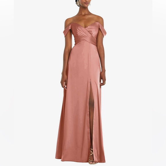 DESSY COLLECTION 3108 SATIN OFF-THE-SHOULDER FLOUNCE EMPIRE GOWN DESERT ROSE - Picture 2 of 11